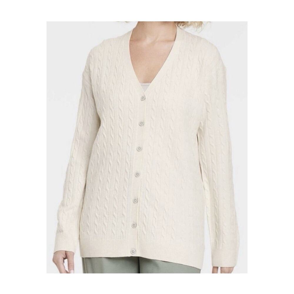 A New Day Women's Cable Cardigan Sweater Button V-Neck Cream Color Size Medium